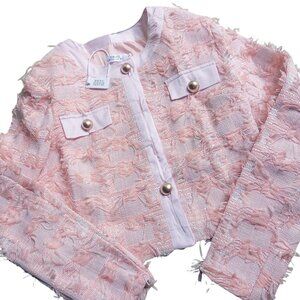 Pink Tweed Cropped Jacket Gold Button Korean Style